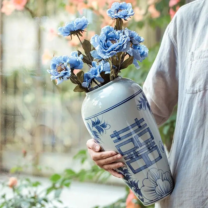 Blue and White Porcelain Vases Retro Flower Arrangement Happy Characters Imitation Antique Household Living Room Ceramic Vases