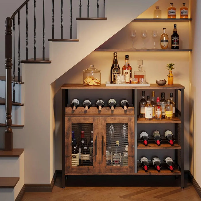 Wine Bar Rack Cabinet with Detachable Wine Rack, Coffee Bar Cabinet with Glass Holder,Small Sideboard and Cabinet with Mesh Door