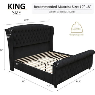 Bed Frame, Velvet Upholstered, Headboard and Headboard with Rolling Wing Back, No Springs Required, Easy To Assemble, Bed Frame