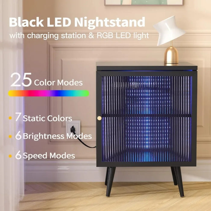 Black LED Nightstand with Charging Station, Night Stand with Storage Cabinet  Modern Bedside Table with Wood Leg for Bedroom