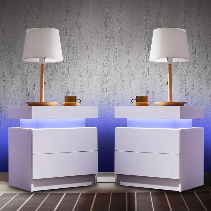 Side Bed Table With LED Light Bedside Tables for the Bedroom Furniture Generic Nightstand Set of 2 LED Nightstand With 2 Drawers