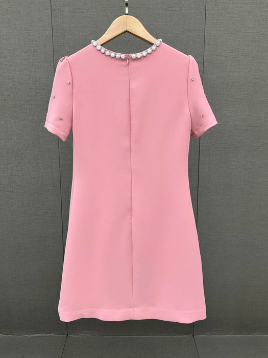 2024 Summer New High Quality Women's Wear Elegant round neck studded pearl dress 0610