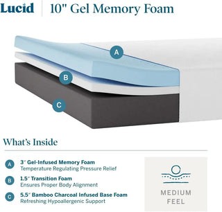 10 inch Memory Foam mattress  Medium Feel  Bamboo Charcoal and Gel Infusion  Hypoallergenic Pressure relief  Breathable
