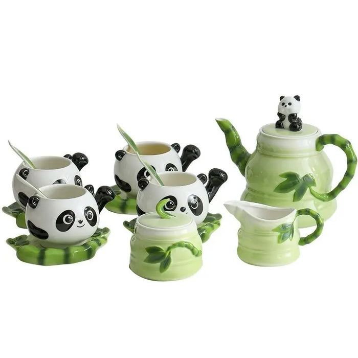 Cute Panda Ceramic Coffee Mug Hand-painted Enamel Color Ceramics Cups Set Small Teapot with Cup Cover and Saucer Spoon Creative