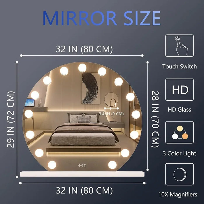 Vanity Mirror with Lights, 32" x 28" Makeup Mirror, Mirror with Lights, 10X Magnification and Smart Touch Dimmable 3 Modes,White