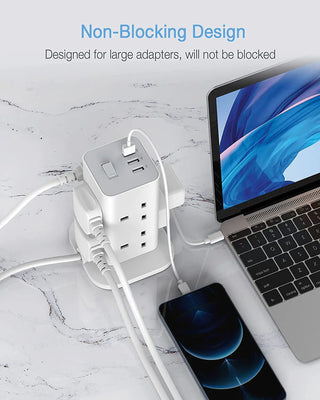 TESSAN Tower Power Strip Vertical UK Plug Adapter Outlets 8 Way AC Multi Electrical Sockets with 3 USB Surge Protector 2m Cable