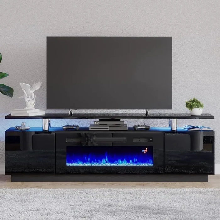 Fireplace TV Stand 70" Modern High Gloss Entertainment Center LED Lights, 2 Tier TV Console Cabinet for TVs Up to 80"