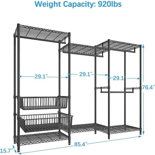 Wire Shelves & 2 Slid Storage Baskets Home Furniture Wire Garment Rack 5 Tiers Heavy Duty Clothes Rack With Hanging Rods Hanger
