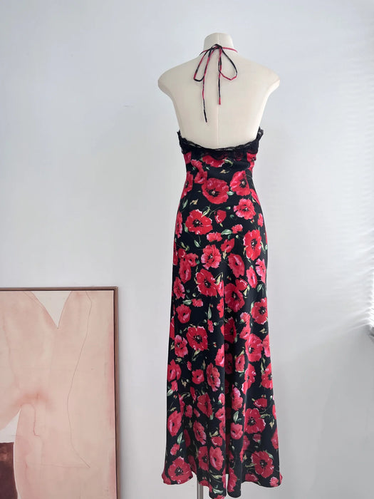 2024 Spring/Summer New Women's Wear Elegant Waist-Tight Halter Design Printed Rose Long Strap Dress 0420