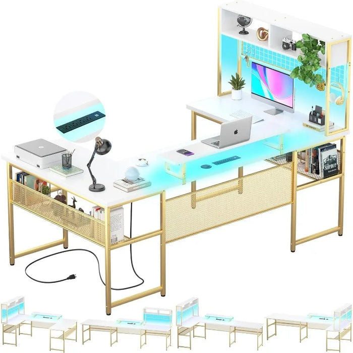 Reversible L Shaped Computer Desk with Power Outlets and LED Strip, Large Office Table with Monitor Stand and Storage Shelves