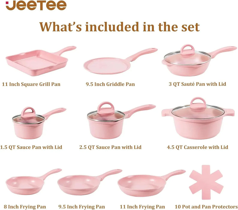 JEETEE Pink Pots and Pans Set Nonstick 23pcs, Healthy Kitchen Cookware Sets, Induction Cooking Set Pink Granite Stone