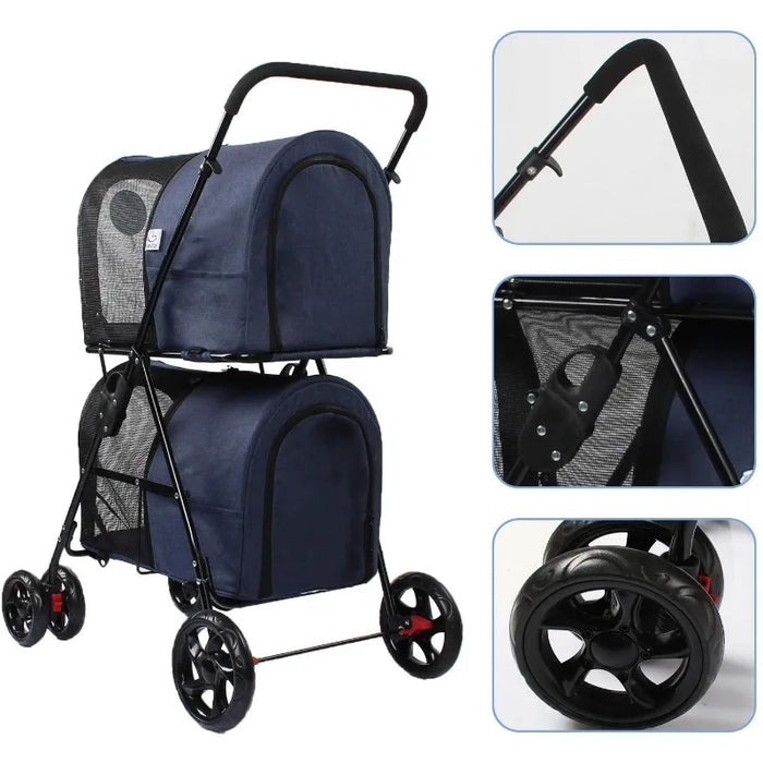 Amazon hot selling easy fold 4 wheels large pet dog stroller double cabin travel carriage