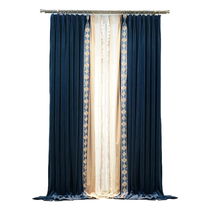 Luxurious Velvet Curtains for Living Dining Room Bedroom Deep Blue Embroidered Splicing Finished Blackout