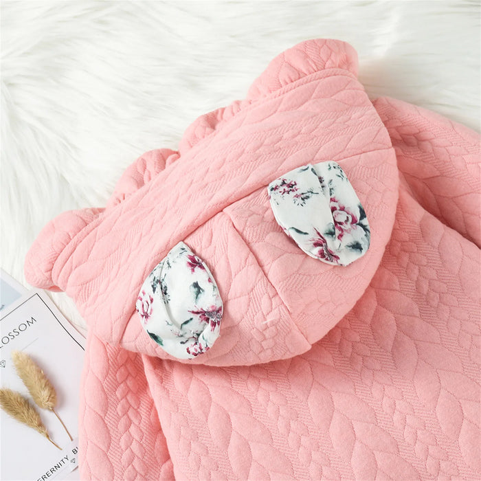 PatPat Overalls Baby Girl Clothes Jumpsuit New Born Romper Newborn Bodysuit 3D Ears Hooded Ruffle Pink Thickened Long-sleeve
