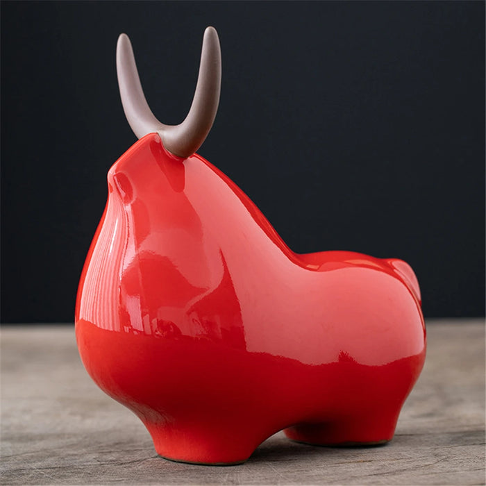 Ceramic Bull Statue Home Decor Red Ox Feng Shui Zen Figurine Sculpture Cow Figurines Cattle Chinese Wealth Desktop Decoration