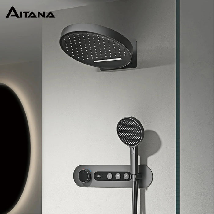 Luxury round gun gray brass shower system intelligent digital display with four functions cold and hot dual control shower Tap