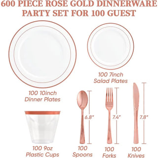 600pcs Dinnerware Set for 100 Guests, Silver Rimmed Plastic Plates Disposable, Dinner Plates, Dessert Plates, Cups