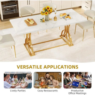 70.3 Inch Large Modern Dining Table for 6-8 People Rectangular Kitchen Table With Faux Marble Top and Gold Geometric Metal Legs