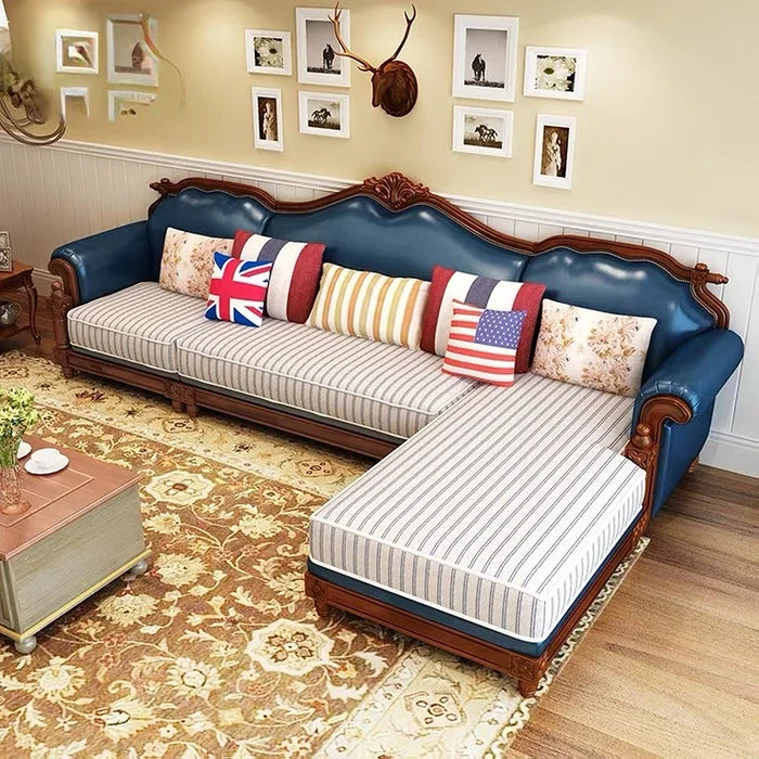 American vintage solid wood sofa, Mediterranean homestay style corner L-shaped fabric high-end villa sofa