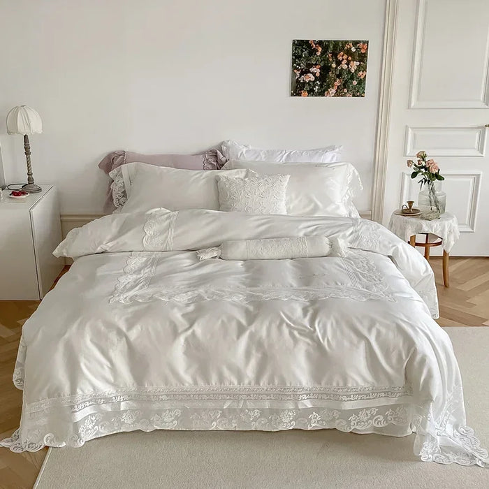 2021 Luxury 100% Cotton Pure White Bedding Set Embroidery Lace Duvet Cover Bed Sheet Pillowcases Queen King Size 4Pcs