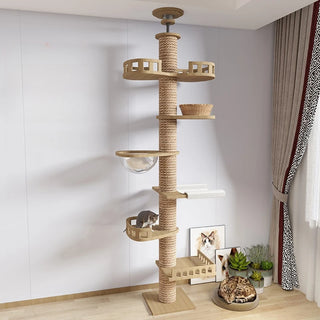 Multifunction Pet Furniture Wooden Cat Tree House Kitten Climbing Toy Cat Scratching Posts Cat Tower Soft Flannel Hammock Bed