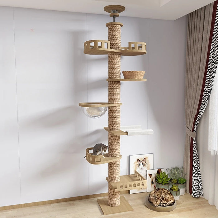 Wooden Cat Tree House Multifunction Pet Furniture Kitten Climbing Toy Cat Scratching Posts Cat Tower Soft Flannel Hammock Bed