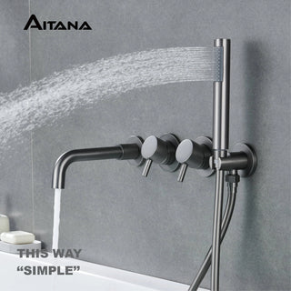 Luxury brass gun gray bathroom faucet with wall mounted design, dual handle split type cold and hot dual control bathtub Tap