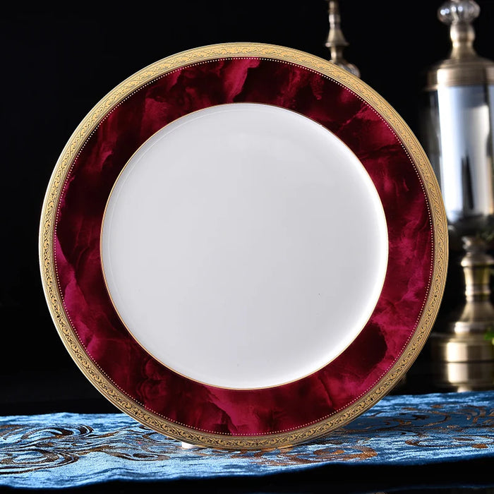 Fine Bone China Plates Dinnerware Gold Dinner Dishes Camping Red Tableware Set Ceramic Tableware Set