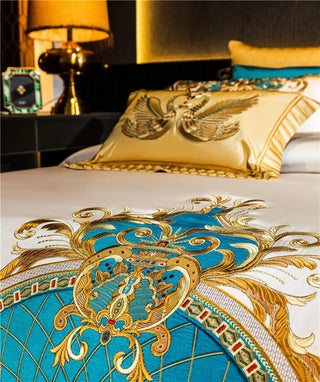 Gold and Blue Embroidery Satin Comforter Cover 4/6/10Pcs Bedding set Quilted Cotton Bedspread Flat/Fittedsheet Square pillocases