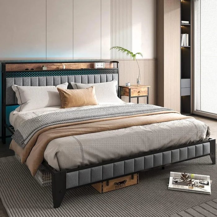 Bedroom Furniture King Size Bed Frame Platform with Charging Station, LED Lights, Metal Slats, Grey