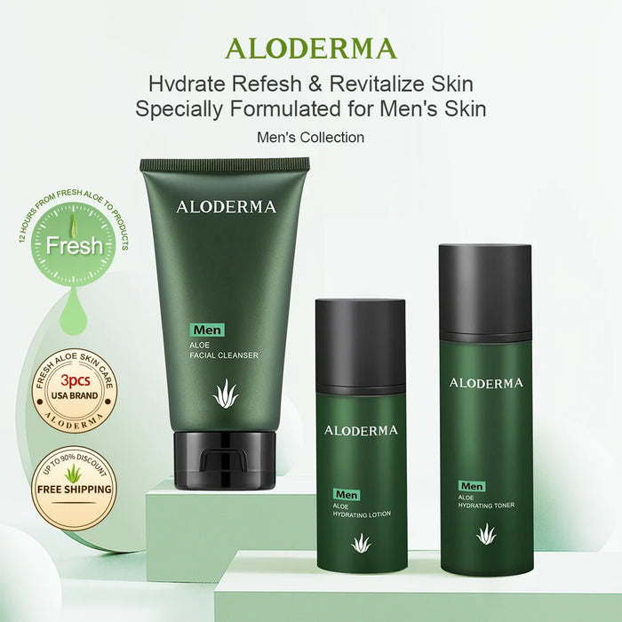 Aloderma Men's Hydrating Skin Care Set - 3 Piece Set for Deep Cleansing, Refreshing, and Moisturizing