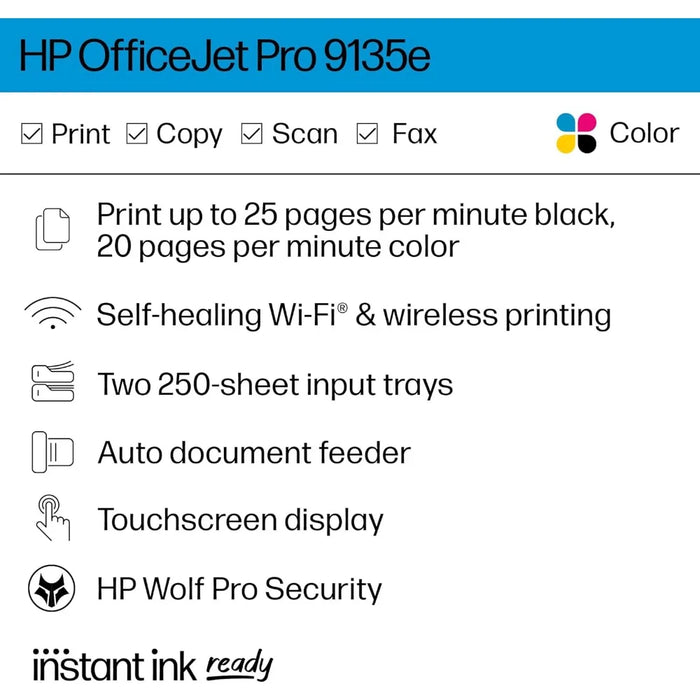OfficeJet Pro 9135e Wireless All-in-One Color Inkjet Printer, Print, scan, Copy, fax, ADF, Duplex Printing Best for Office