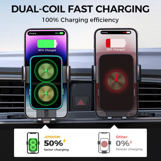 Joyroom Dual Coil Wireless Car Charger Phone Mount 15W Fast Charging Holder with Auto Smart Sensor Clamping for iPhone Samsung