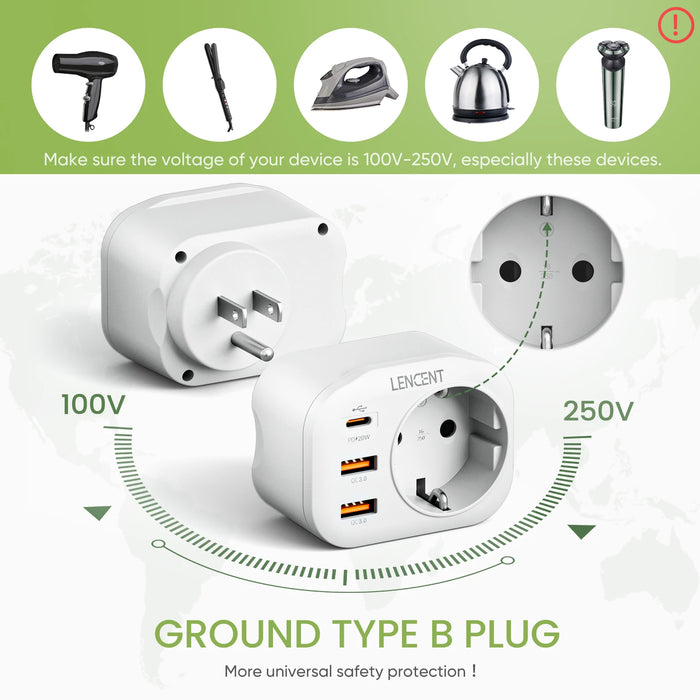 LENCENT EU to US Travel Adapter with 1 AC Outlet  2 USB C3.0 and 1 Type C PD 20W  4 in 1 Fast Charger for Home Travel