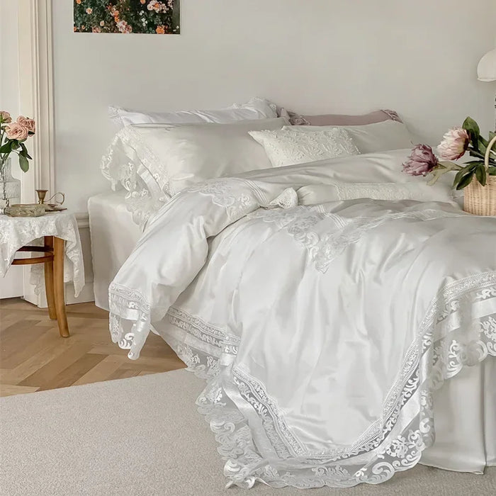 2021 Luxury 100% Cotton Pure White Bedding Set Embroidery Lace Duvet Cover Bed Sheet Pillowcases Queen King Size 4Pcs