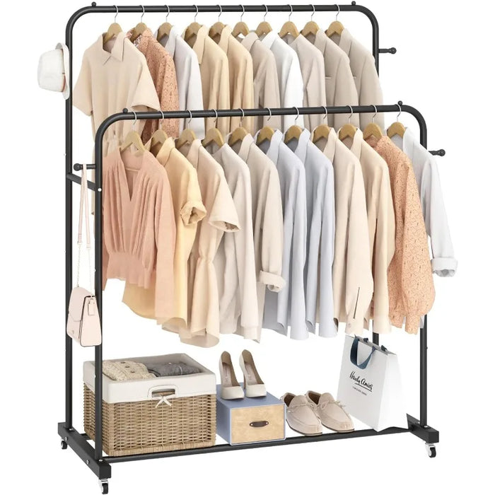 Double Rods Garment Rack with Wheels, Clothing Rack for Hanging Clothes,4 Hooks, Multi-functional Bedroom Clothes Rack