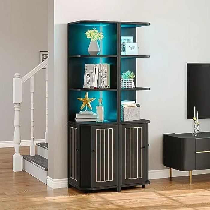 Corner Cabinet with LED Lights, 71.1“ Corner Bookshelf and Bookcase with Storage, Modern Display Corner Shelf