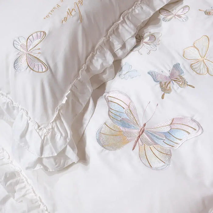 Butterfly Embroidered White Bedding Set Luxury Egyptian Cotton Princess Wedding Solid Quilt/Duvet Cover Bed Sheet Pillowcases