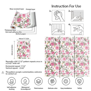 Elegant Pink Flowers PVC Peel And Stick Wallpaper Spring Floral Vinyl Furniture Cabinet Contact Paper Chic Room Decor Stickers