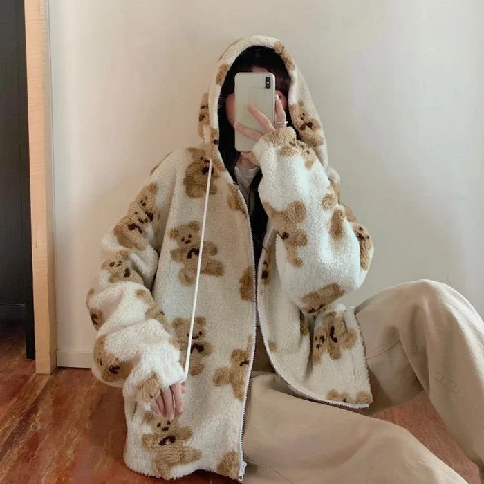 Joinyouth Cartoon Bear Lamb Wool Women's Hooded Jacket Casual Oversized Tops Winter Clothes Woman Jackets Cute Korean Coats