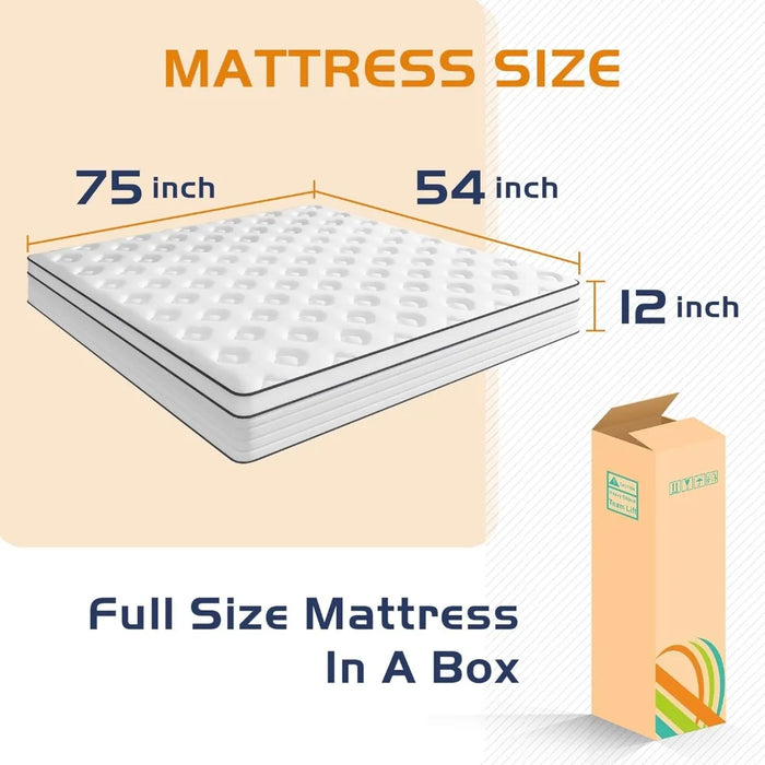 Full Mattress,12 Inch Hybrid Mattress Independent Pocket Spring Mattress in a Box High Permeability Skin-Friendly,Medium Firm