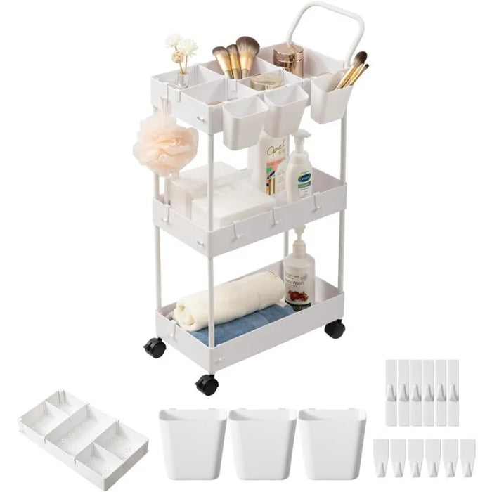 Storage Cart on Wheels, Bathroom Organizer Slim Laundry Cart Narrow Shelf Cart with Wheels Dividers Hanging Cups Hooks