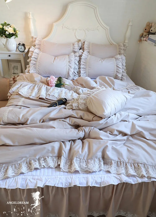 Premium Korean 100% Lace Cotton Bedding Set Fairy Cupcake Layers  4pcs Set Ins Ruffles Duvet Cover King Queen Size