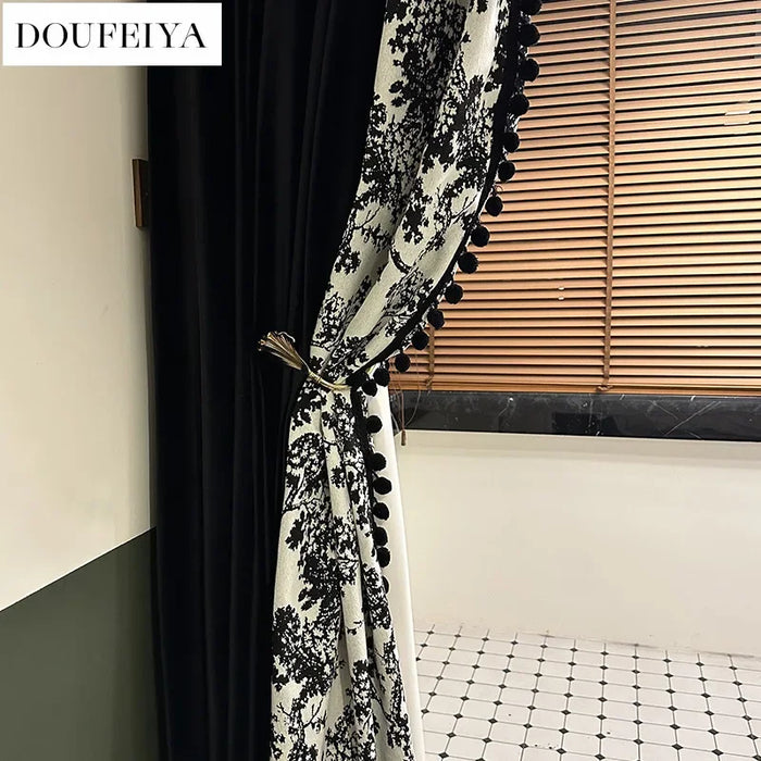 Retro French Luxury Black Velvet Curtains for Living Room Bedroom Patchwork Embroidered Pompon Blackout lace White Tulle Window