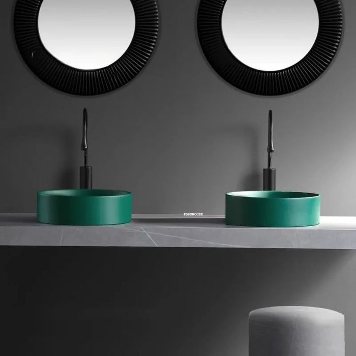 Nordic Ceramic Round Bathroom Sinks Household Bathroom Washbasins Dark Green Matte Small Wash Basin Single Kitchen Washing Sink