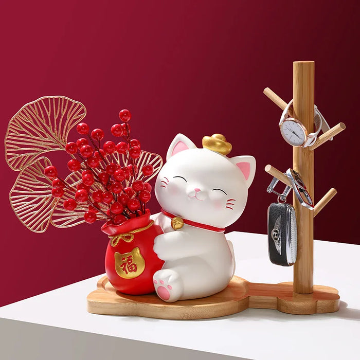 Lucky cat arts crafts Holding flowers Cherry Blossom Cat storage ornaments Living room porch Home decoration moving gift