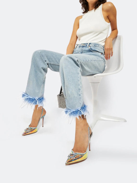 Women's Jeans 2024 Spring High Waist Jeans Denim Trousers Stitching Ostrich Fur Decorative Light Blue Straight-Leg Pants