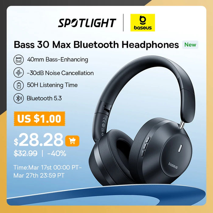 Baseus Bass 30 Max Wireless Headphones Bluetooth 5.3 -30dB Noise Cancellation Over Headset Ultra Low Latency Earphones 50H Time