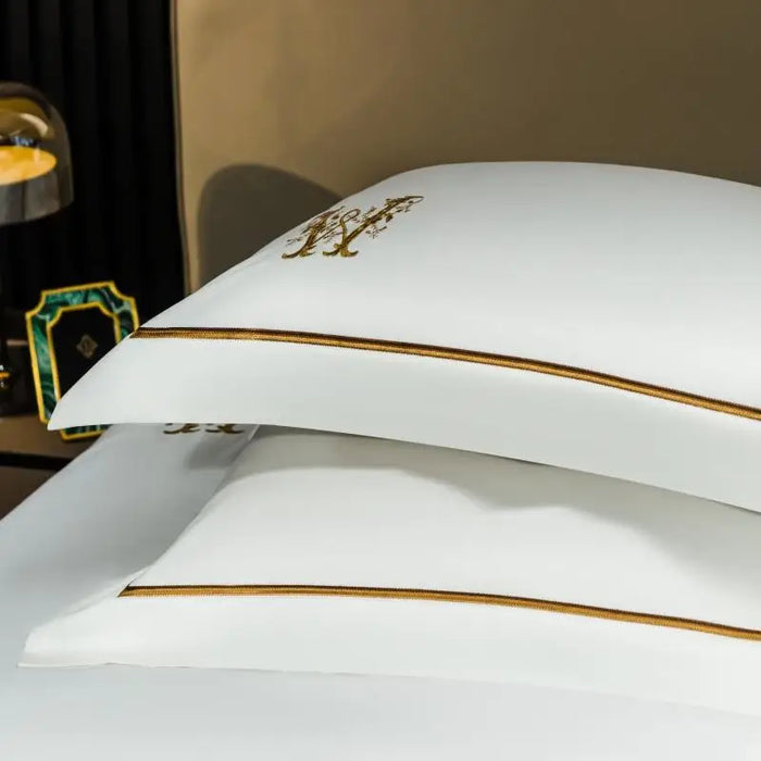 High-end Hotel Bedding Set Luxury Gold Stripe Embroidery White Egyptian Cotton Duvet Cover Bed Sheet Pillowcases Home Textile