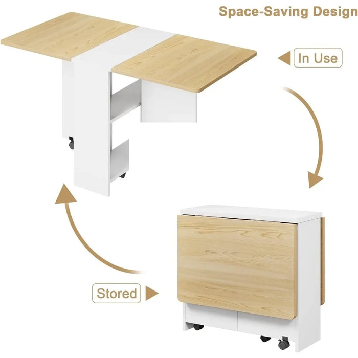 Space Saving Folding Dining Table with 2 Tier Storage-Extendable Drop Leaf Farmhouse Wood Kitchen Dining Room Tables Set for 4